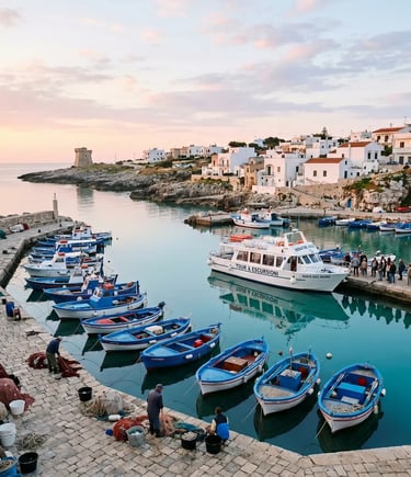 Torre Vado marina at sunset with blue fishing boats and tour boat in Salento, Puglia