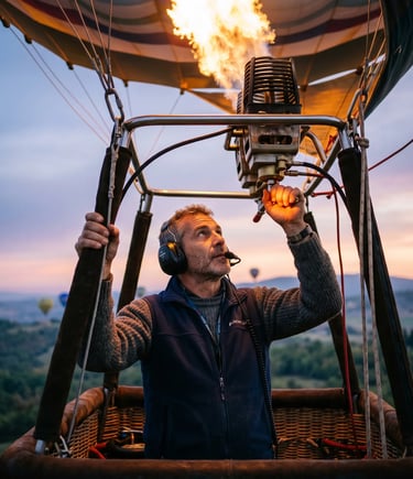 Focused hot air balloon pilot with headset firing burner flame during sunrise flight over Italy.