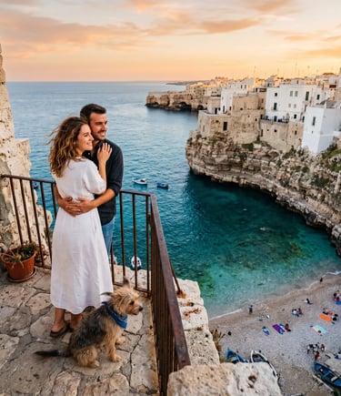  Couple with dog hugging on Polignano cliff over turquoise cove at sunset, Puglia coast