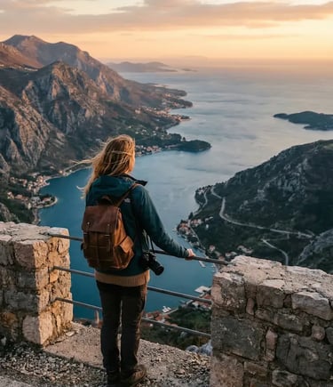 Female traveler overlooking Kotor Bay Montenegro at sunset from mountain fortress viewpoint