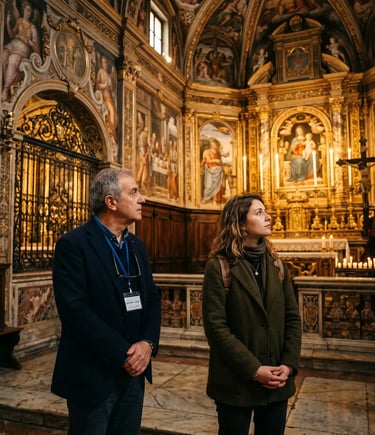 Private tour guide and female visitor standing inside a richly decorated Italian chapel