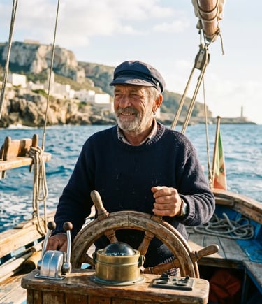 Weathered Italian skipper steering wooden boat, Salento limestone cliffs in background