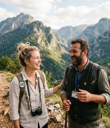Smiling female traveler and male tour guide on mountain trail with Balkan peaks behind them