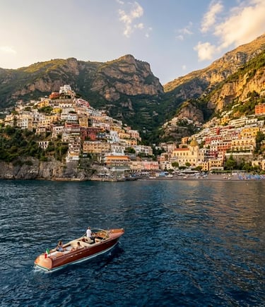 Positano pastel village cascading down hillside viewed from a private boat offshore