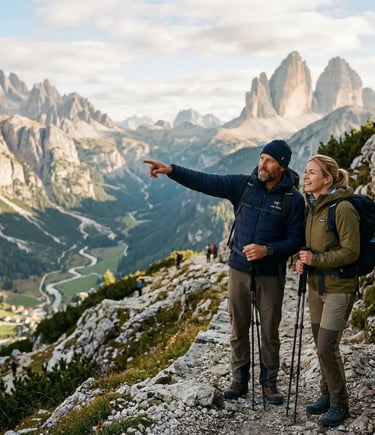 Private mountain guide pointing at Tre Cime panorama with female client