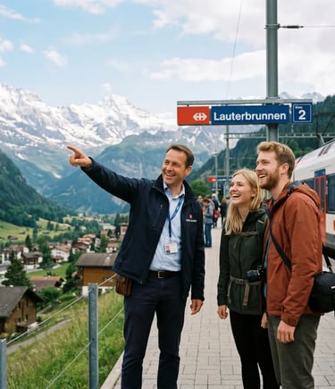 Private Swiss guide pointing out Alps to couple at Lauterbrunnen station on small group rail tour