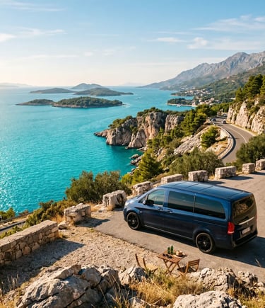 Black luxury van parked on scenic Dalmatian coast road with turquoise Adriatic Sea and islands