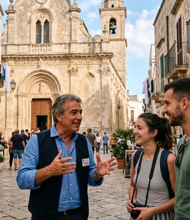 Local guide engaging two tourists outside historic church in southern Italy