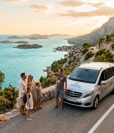 Private tour minivan parked on Dalmatian coast road guide pointing at Adriatic Sea islands at sunset