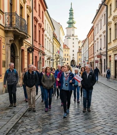 Tour guide leading group through Bratislava Old Town with Michael's Gate in background