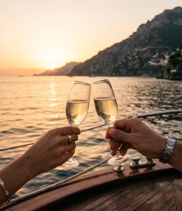 Two hands clinking prosecco glasses on a wooden boat deck at sunset on the Amalfi Coast