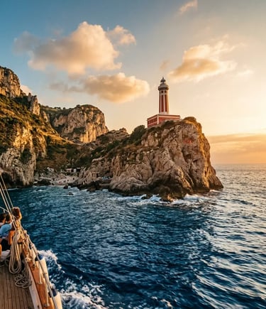 Punta Carena lighthouse on Capri at sunset, viewed from a wooden boat with passengers on deck.