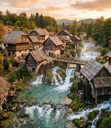 Rastoke village waterfalls and wooden watermills at sunset on the Zagreb to Plitvice route.