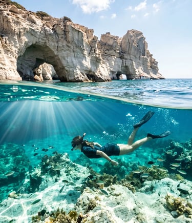 Snorkeler exploring clear turquoise water and white cliffs of Kleftiko caves in Milos.