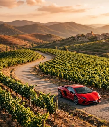 Red Lamborghini on a winding vineyard road through Catalan wine country at golden hour