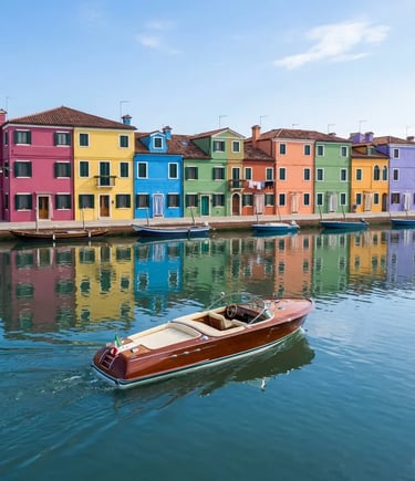 Mahogany Riva yacht arriving at Burano island with colorful houses reflected in canal