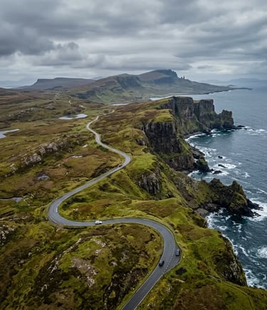 Aerial View of Single Track Road Winding Through Trotternish Peninsula Isle of Skye