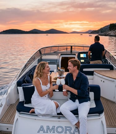 Couple toasting champagne at sunset on private speedboat tour from Split to Hvar Adriatic Croatia