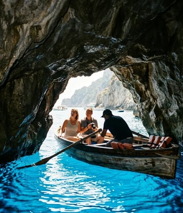 Travelers in a rowboat inside the glowing Blue Grotto cave on Capri