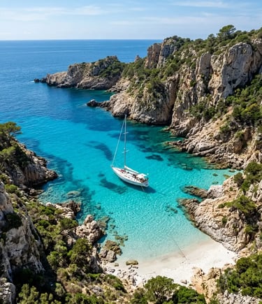 Aerial view of a sailboat anchored in a crystal-clear cove near San Pietro Island