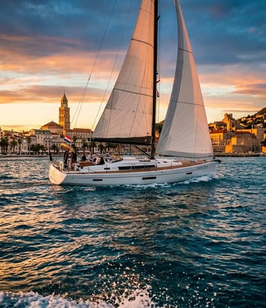 Private sailboat cruising Adriatic Sea with Split cathedral and old town skyline at sunset