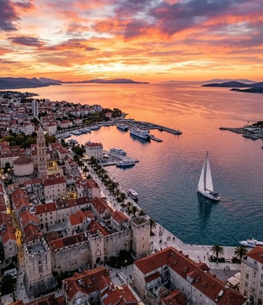 Aerial drone view of sailboat departing Split old town harbor at golden sunset