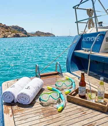 All-inclusive sailboat swim platform with towels snorkels and cold drinks