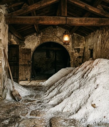 Coarse sea salt piles inside 19th-century stone storage room at Carloforte tonnara