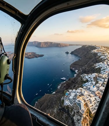 Santorini caldera and white villages seen from helicopter cockpit at golden hour