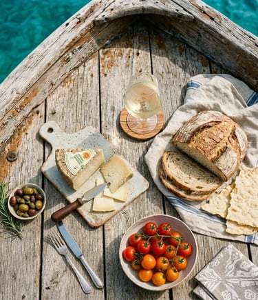 Sardinian pecorino cheese, bread, tomatoes, and Vermentino wine served on wooden boat deck