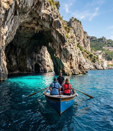 Small boat approaching a natural rock arch with turquoise water on the Amalfi Coast