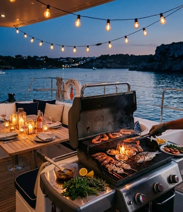 Seafood grilling on gas BBQ aboard catamaran at dusk in Menorca cove