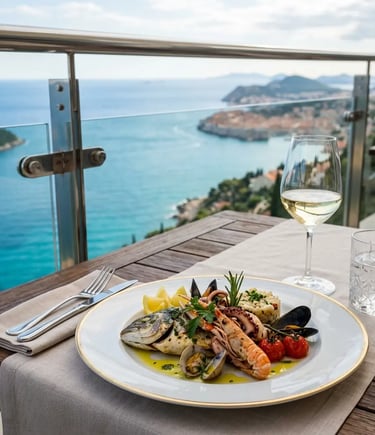Gourmet seafood dish with white wine overlooking Dubrovnik Adriatic coastline