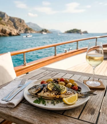 Grilled Mediterranean fish with white wine served on luxury yacht deck in Adriatic cove