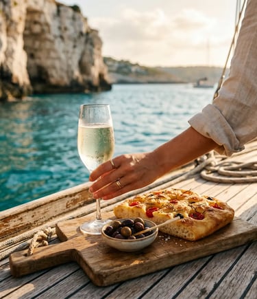 Chilled prosecco glass with focaccia and olives on wooden boat deck near Puglia sea cliffs