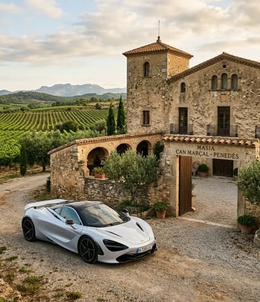 720S parked at rustic Penedès winery estate with vineyard views