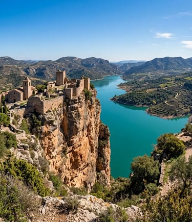 Siurana Castle ruins on a cliff edge above the turquoise reservoir in Priorat