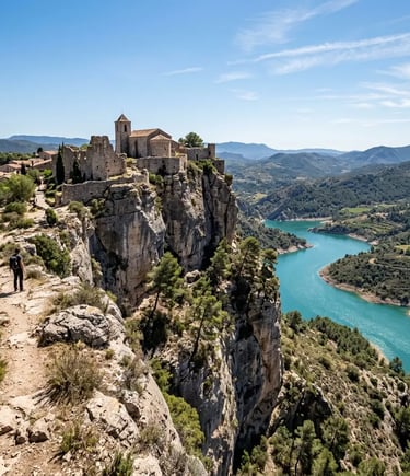 Siurana Castle ruins perched on cliff above turquoise reservoir in Catalonia