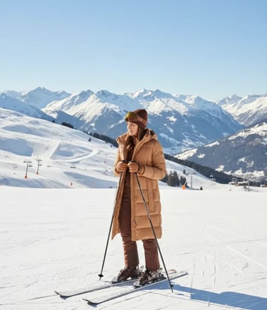 Full camel and brown ski outfit worn by a woman on a sunny ski slope in Kitzbühel Alps.
