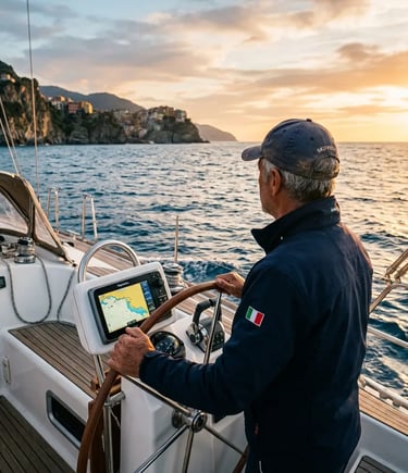 Professional skipper navigating private boat toward Cinque Terre villages at golden hour
