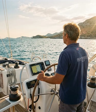 Skipper steering a private yacht through the Adriatic at golden hour