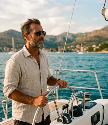 Professional skipper in linen shirt steering private boat on calm Adriatic waters near Puglia coast