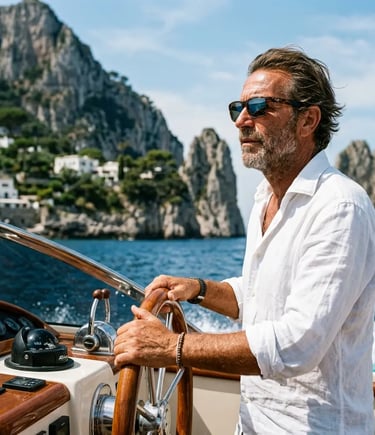 Experienced Italian skipper at the helm of private boat with Faraglioni cliffs behind, Capri