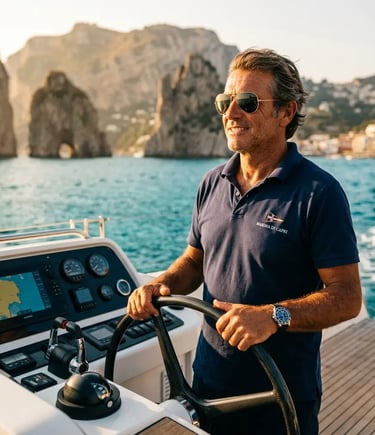 Licensed skipper steering modern yacht past the Faraglioni rocks on Capri cruise