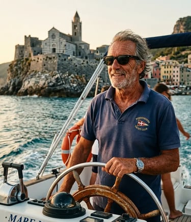 Italian skipper at the helm of a private boat with Church of San Pietro in Portovenere behind