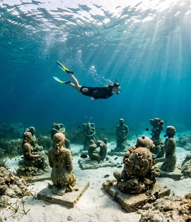 Snorkeler exploring submerged sculptures at the Blue Nautica underwater museum