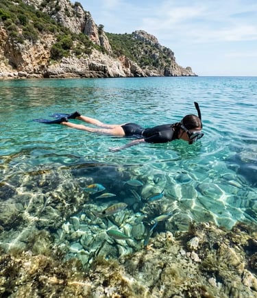 Woman snorkeling in shallow turquoise water with fish near Sardinian coast
