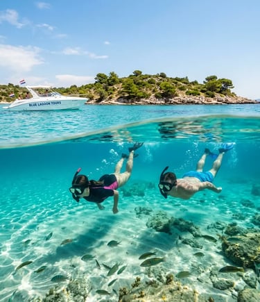 Snorkelers in crystal clear Blue Lagoon near Budikovac Island on a Croatia boat tour