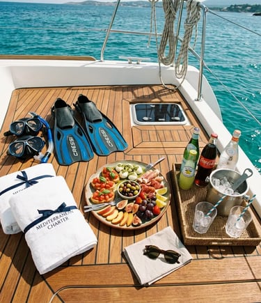 Snorkeling gear beach towels local snacks and soft drinks on catamaran teak deck