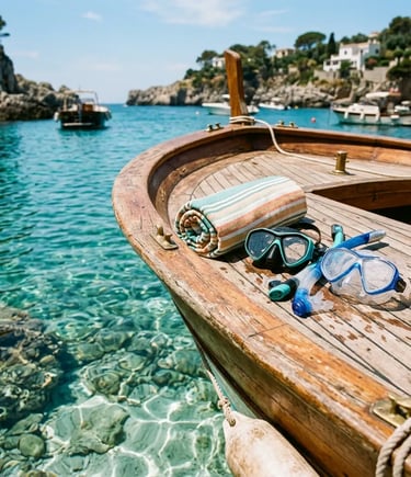 Two snorkeling masks and a striped towel on a wooden Gozzo boat bow in clear water
